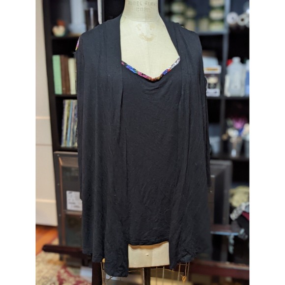 Layered Look Black Cardigan Floral Back Panel Attached Tank 3/4 Sleeve Size XL - Picture 1 of 6